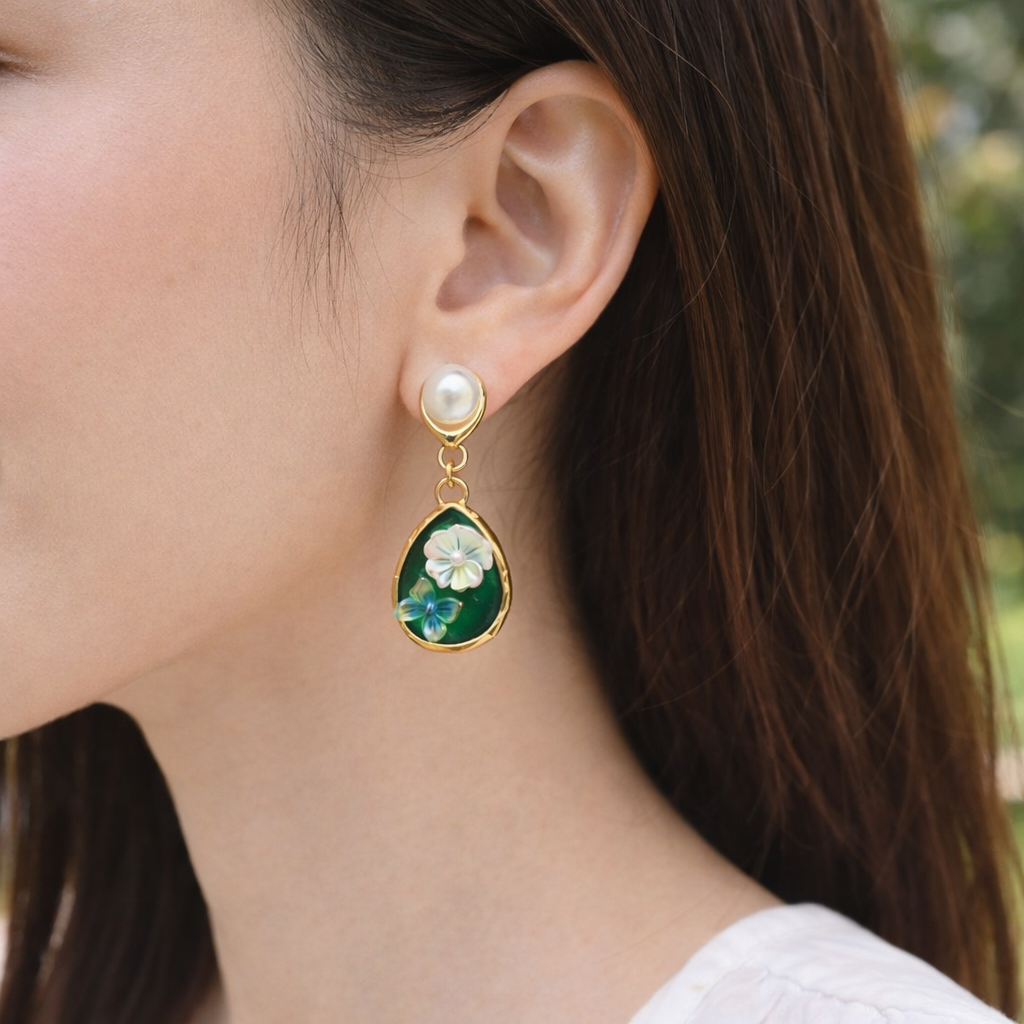 Emerald Bloom Pearl Teardrop Earrings β Gold Tone Floral Green Enamel Statement Dangle Earrings for Women for Women β Party Wear | officewear | dailywearEarrings
