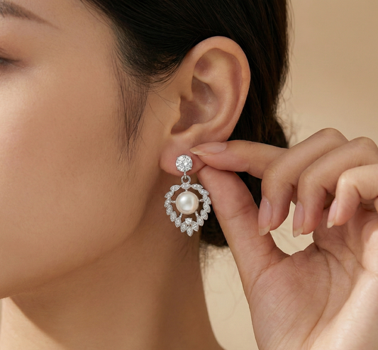 Elegant Pearl & Crystal Dangler Earrings for Women – Silver Finish Party Wear Earrings