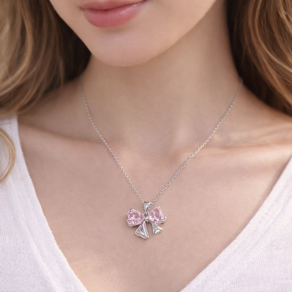 Pack of 2 (Purple , Pink ) Bow Necklace Chain | Minimal | Korean | All Occasion | All outfit | Necklace | Pendent | chain pendant for Girls | pendant for girls | Trendy Bow pendant chain | Locket for Girls |