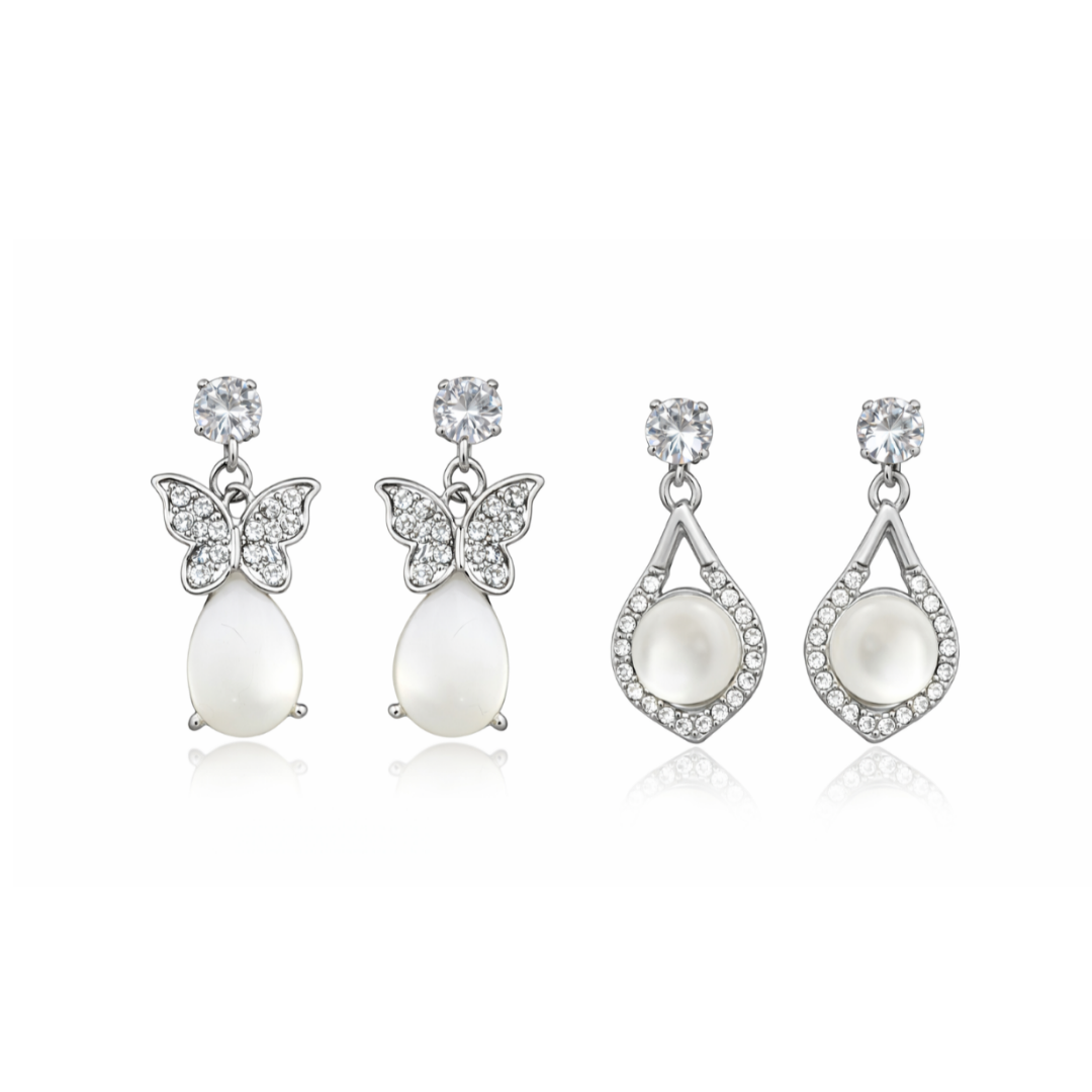 Special Butterfly & Pearl Drop Earrings Combo for Women | Premium Silver Look Earrings 2 (Combo Set)