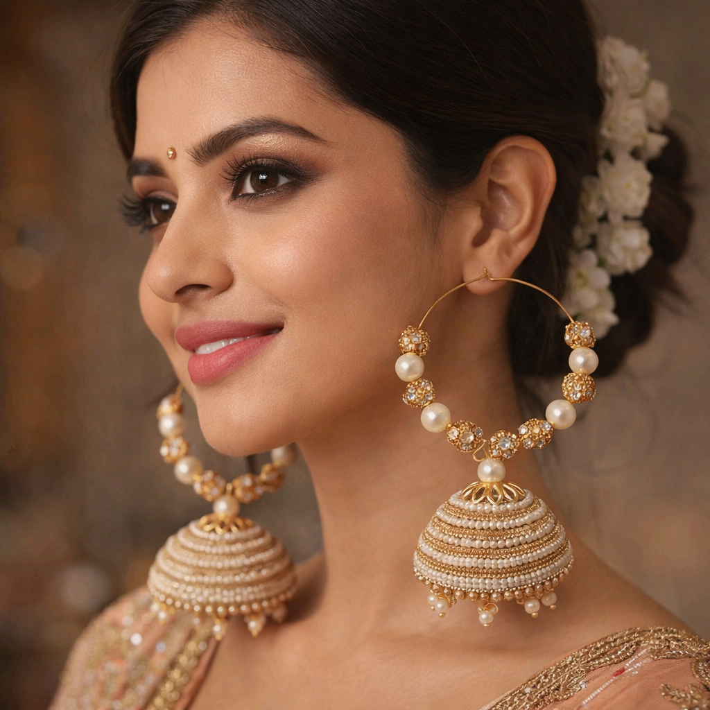 Chand Bhaliya Gold Pearl Jhumka Hoop Earrings | Elegant Traditional Wear