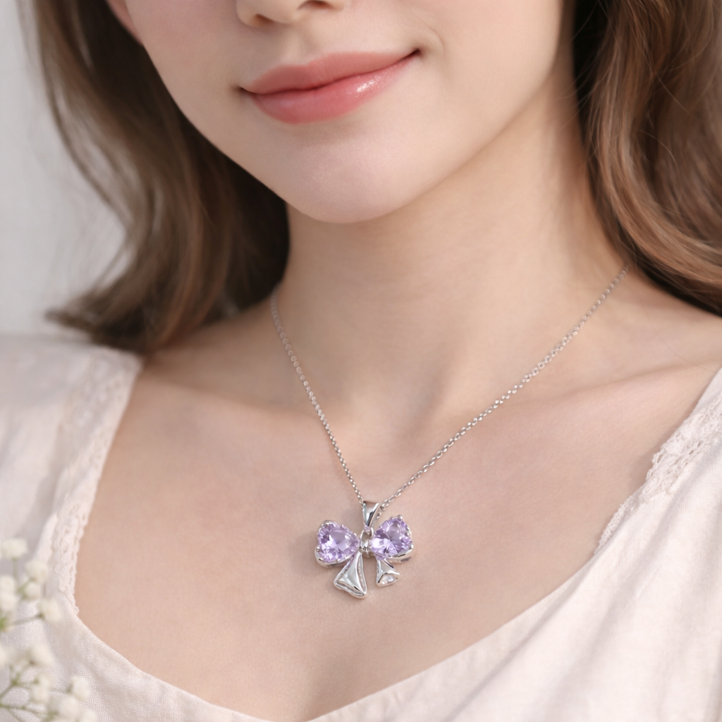 Pack of 2 (Purple , Pink ) Bow Necklace Chain | Minimal | Korean | All Occasion | All outfit | Necklace | Pendent | chain pendant for Girls | pendant for girls | Trendy Bow pendant chain | Locket for Girls |