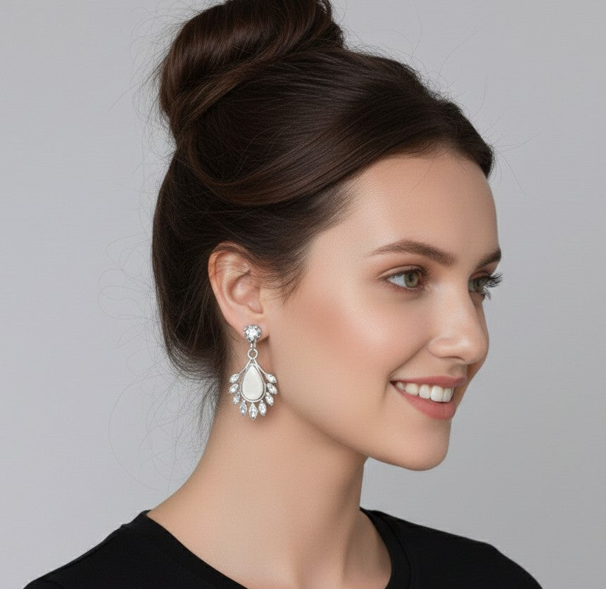 Elegant Pearl & Crystal Dangler Earrings for Women – Silver Finish Party Wear Earrings