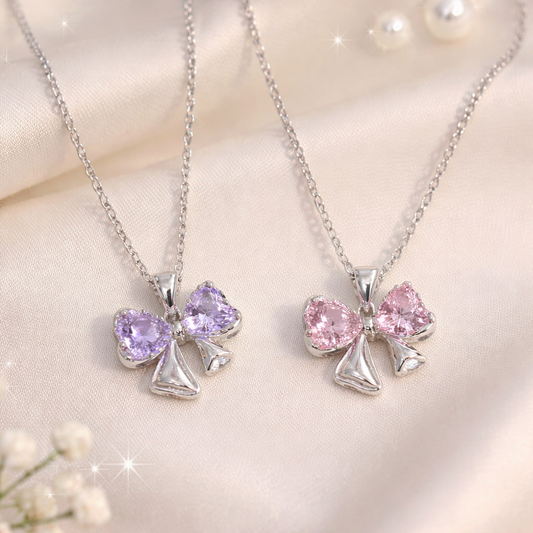 Pack of 2 (Purple , Pink ) Bow Necklace Chain | Minimal | Korean | All Occasion | All outfit | Necklace | Pendent | chain pendant for Girls | pendant for girls | Trendy Bow pendant chain | Locket for Girls |