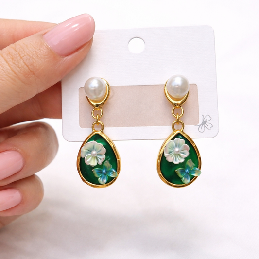 Emerald Bloom Pearl Teardrop Earrings – Gold Tone Floral Green Enamel Statement Dangle Earrings for Women for Women – Party Wear | officewear | dailywearEarrings