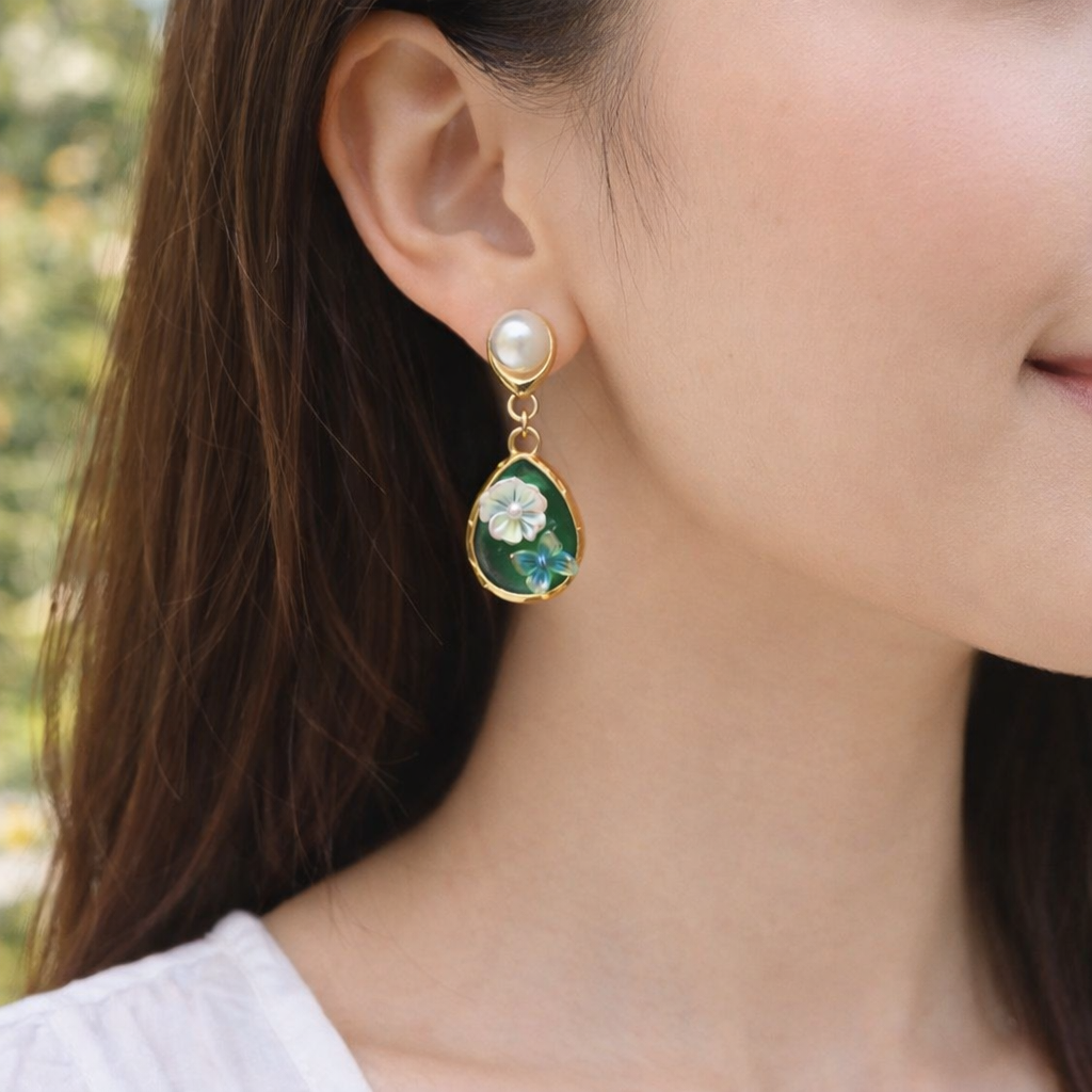 Emerald Bloom Pearl Teardrop Earrings – Gold Tone Floral Green Enamel Statement Dangle Earrings for Women for Women – Party Wear | officewear | dailywearEarrings