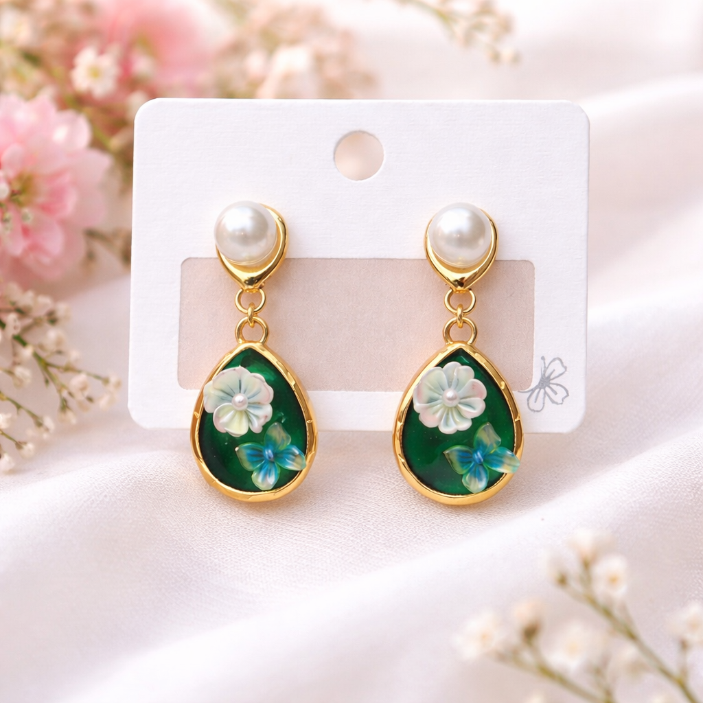 Emerald Bloom Pearl Teardrop Earrings – Gold Tone Floral Green Enamel Statement Dangle Earrings for Women for Women – Party Wear | officewear | dailywearEarrings