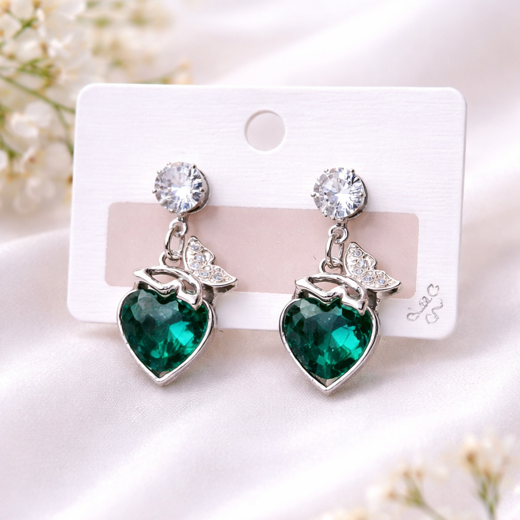 Emerald heart shape Pearl Teardrop Earrings – Silver Tone Floral Green heart Enamel Statement Dangle Earrings for Women for Women – Party Wear | officewear | dailywearEarrings