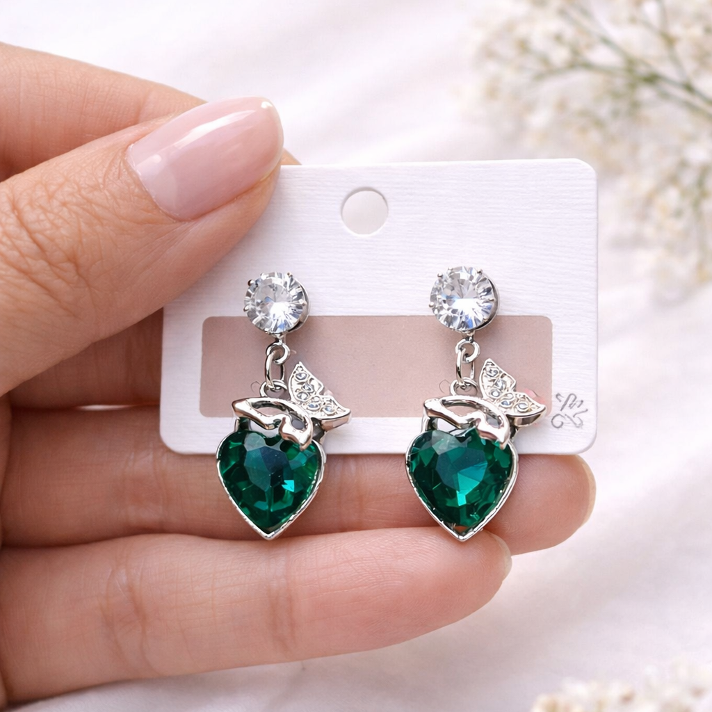 Emerald heart shape Pearl Teardrop Earrings – Silver Tone Floral Green heart Enamel Statement Dangle Earrings for Women for Women – Party Wear | officewear | dailywearEarrings