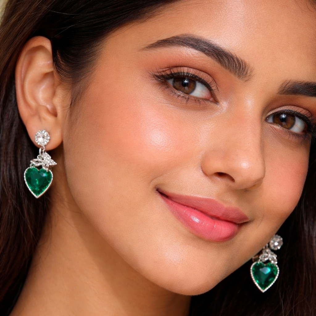 Emerald heart shape Pearl Teardrop Earrings – Silver Tone Floral Green heart Enamel Statement Dangle Earrings for Women for Women – Party Wear | officewear | dailywearEarrings