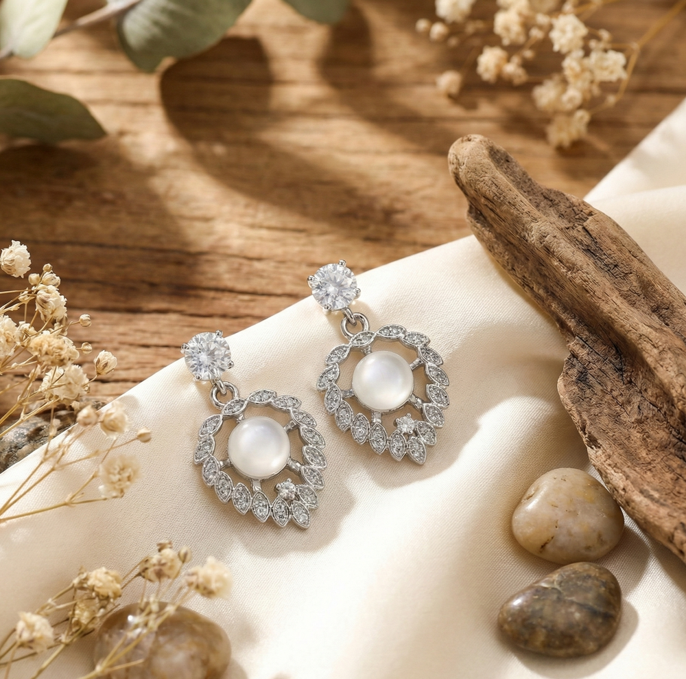 Elegant Pearl & Crystal Dangler Earrings for Women – Silver Finish Party Wear Earrings