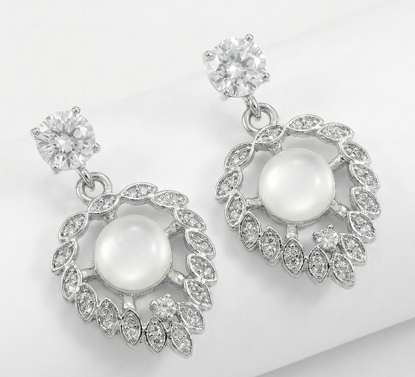 Elegant Pearl & Crystal Dangler Earrings for Women – Silver Finish Party Wear Earrings
