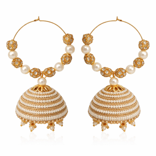 Chand Bhaliya Gold Pearl Jhumka Hoop Earrings | Elegant Traditional Wear