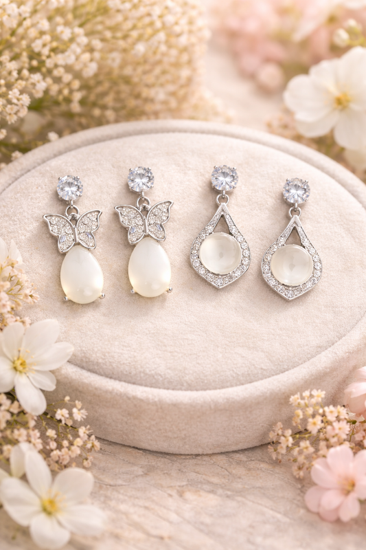 Special Butterfly & Pearl Drop Earrings Combo for Women | Premium Silver Look Earrings 2 (Combo Set)